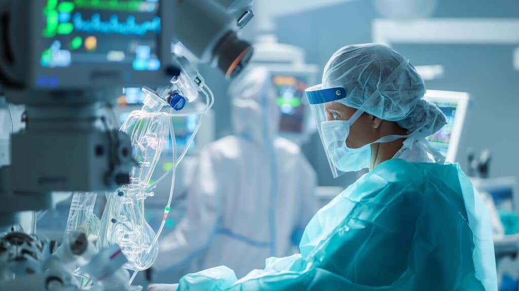 Egészségügyi dolgozó teljes védőfelszerelésben dolgozik az intenzív osztályon, modern orvosi berendezésekkel és monitorokkal körülvéve. Aneszteziológiai szakasszisztens képzés, Pannon Kincstár szakmai cikk